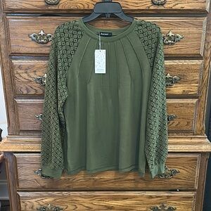 Green Pleated Blouse with Ribbed Long Sleeves